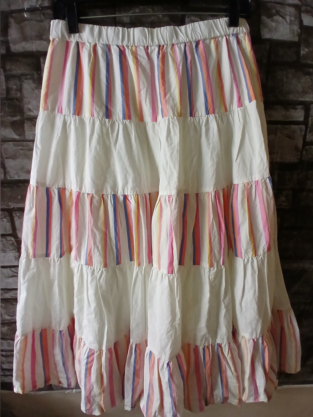 J. Crew White Tiered Maxi Skirt with Pastel Stripes